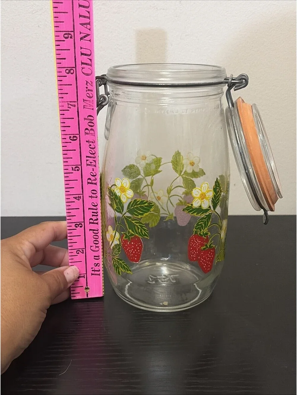 Vtg. ARC France Glass Canister Jar 1.5L with Wire Bale Lid & Strawberry Blossom